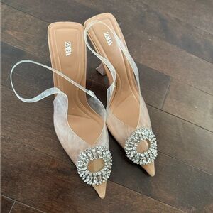 Zara Women's Tan Heeled Shoes clear with Crystal Embellishment sling back